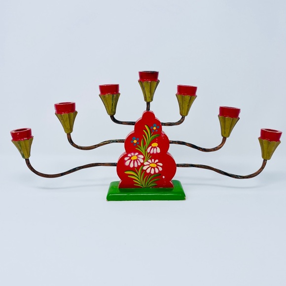 Antique/Vintage Swedish Candle Holder Metal and Red Painted Wood